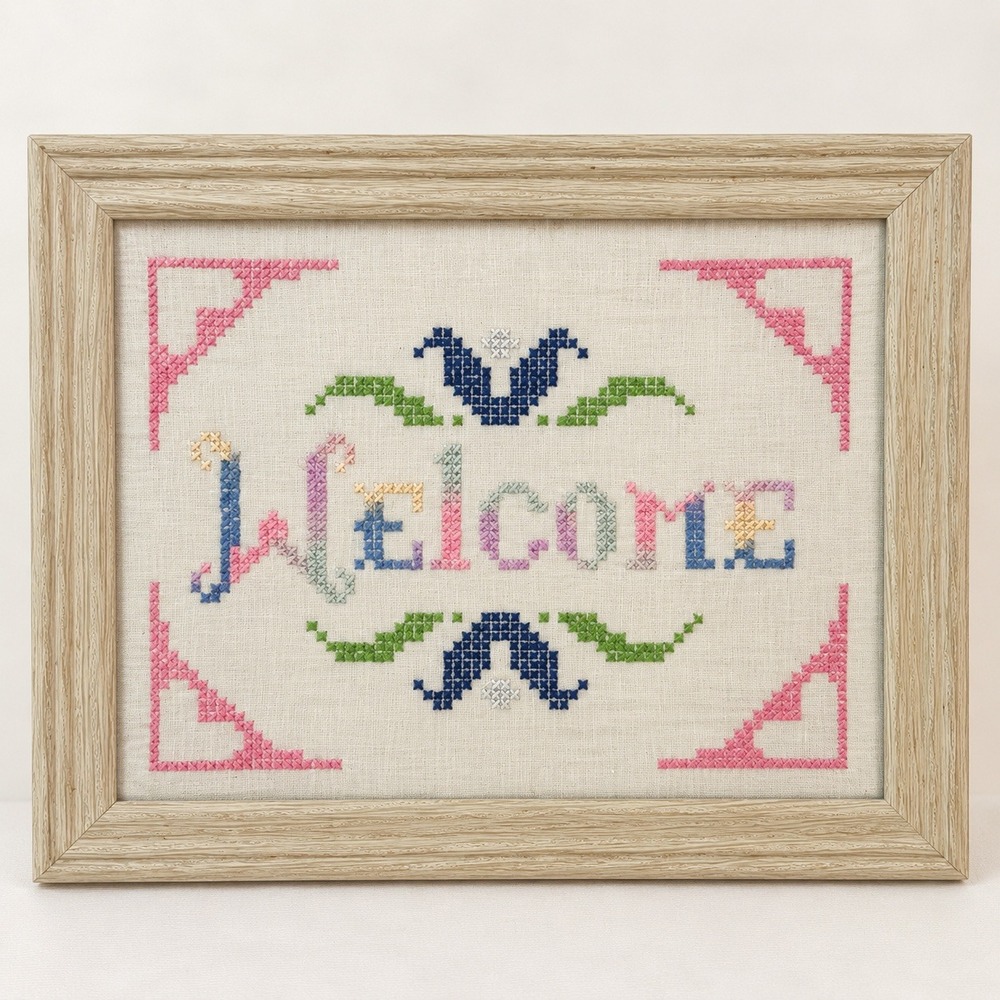 VTG Handmade Cottagecore Welcome Cross Stitch Framed Art Pastel Grandma Decor